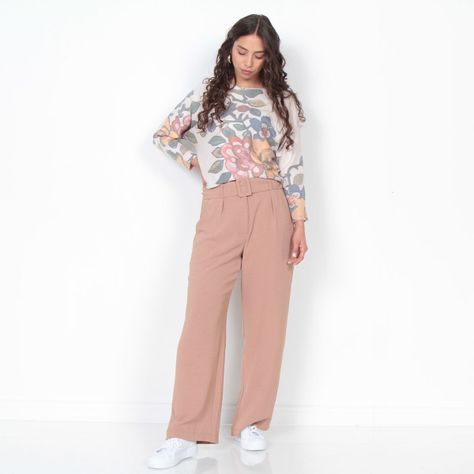 Pantalon Wide Leg Pretina Basica Con Cinturon  Tiro Alto-4