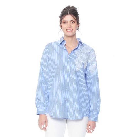 Blusa Manga Larga Listada Con Bordado Abotonada En Delantero-0