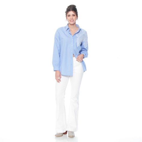 Blusa Manga Larga Listada Con Bordado Abotonada En Delantero-3