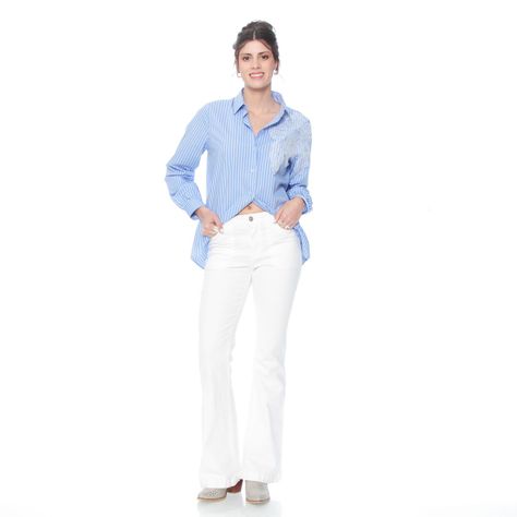 Blusa Manga Larga Listada Con Bordado Abotonada En Delantero-4