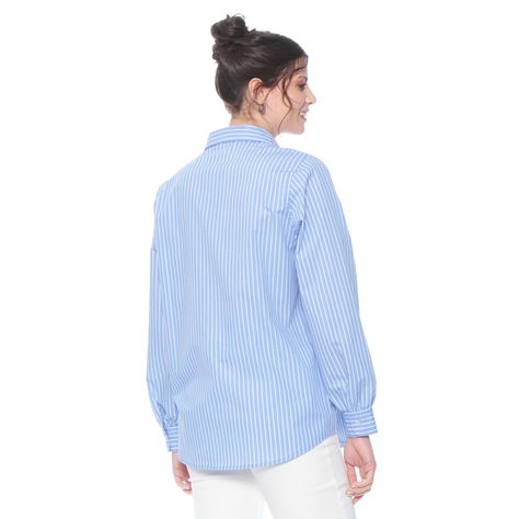 Blusa Manga Larga Listada Con Bordado Abotonada En Delantero-5