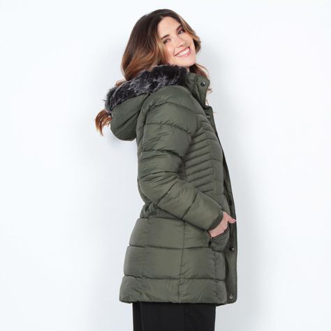 Parka Manga Larga Con Piel En Capucha Y Bolsillos Con Cierre-1