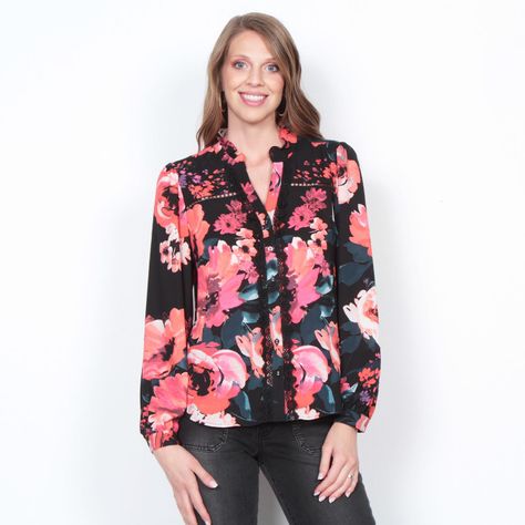 Blusa Manga Larga Estampada Abotonada En El Delantero-0