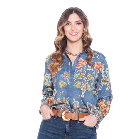 Blusa Manga Larga Estamapada Abotonada En Delantero-0
