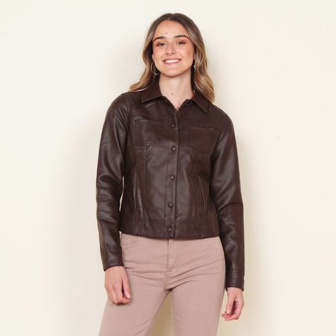 Chaqueta Manga Larga Cuero Ecologico  Bolsillo-0