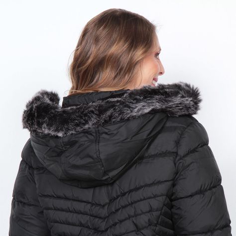 Parka Larga Manga Larga Con Piel En Capucha Y Bolsillo Con Cierre-1
