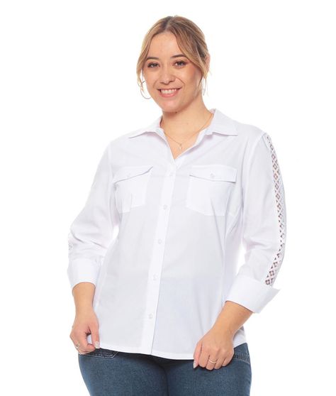 Blusa Manga Larga Solida Con Bosillos Detalle En Manga-6