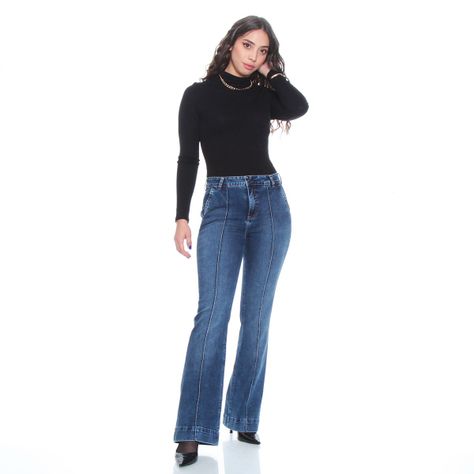Jeans Flare Tiro Alto Con Alforza Pretina Un Boton Bolsillo Argentino-2