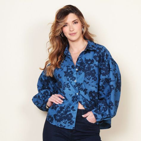 Blusa Manga Larga Denim Estampado Abotonada-0