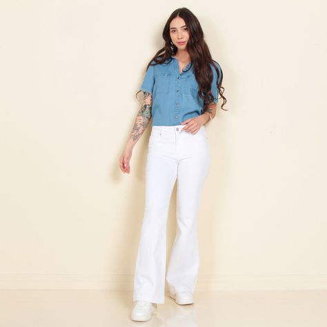Jeans Flare Tiro Alto Pretina Basica-2
