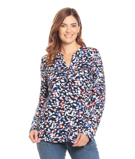 Blusa Manga Larga Estampada Cuello Mao Escote V-0