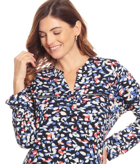 Blusa Manga Larga Estampada Cuello Mao Escote V-4
