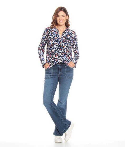 Blusa Manga Larga Estampada Cuello Mao Escote V-6