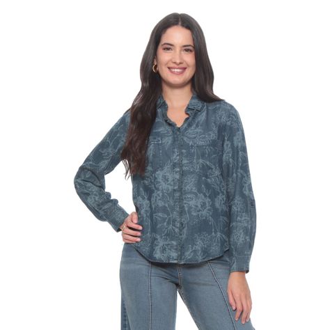 Blusa Denim Manga Larga  Estampado Abotonada En Delantero-0