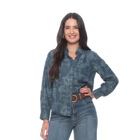 Blusa Denim Manga Larga  Estampado Abotonada En Delantero-2