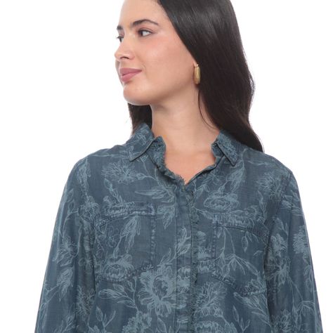 Blusa Denim Manga Larga  Estampado Abotonada En Delantero-3