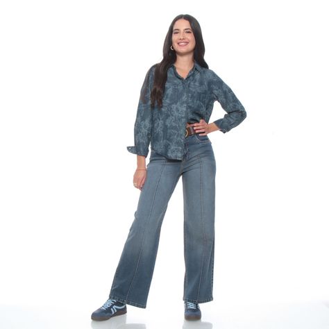 Blusa Denim Manga Larga  Estampado Abotonada En Delantero-4