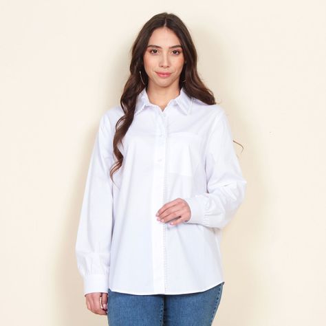 Blusa Manga Larga Solida Abotonada  Con Aplicacion En Cuello Y Cruce-0