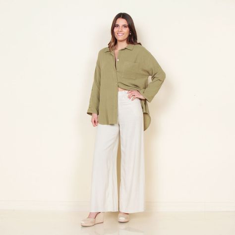 Blusa Manga Larga Solida Abotonada En El Delantero Y Bolsillo-2
