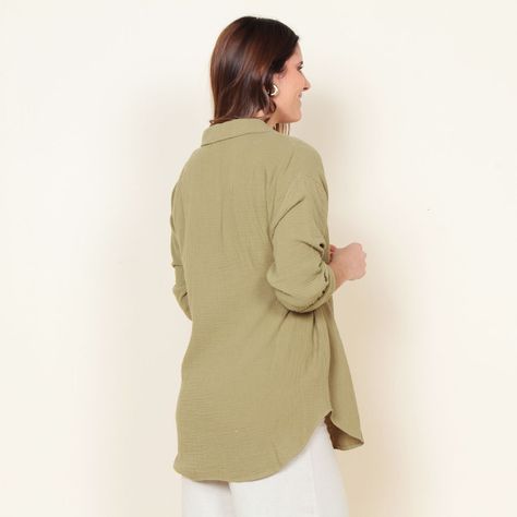 Blusa Manga Larga Solida Abotonada En El Delantero Y Bolsillo-5