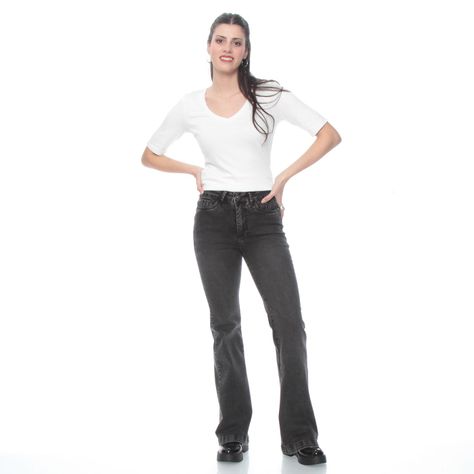 Jeans Flare Tiro Alto  1 Boton Push Up Pretina Basica-3