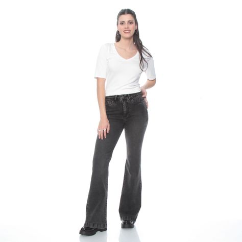 Jeans Flare Tiro Alto  1 Boton Push Up Pretina Basica-5