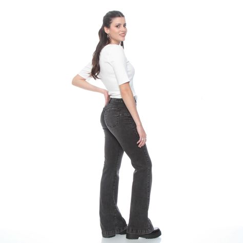 Jeans Flare Tiro Alto  1 Boton Push Up Pretina Basica-6