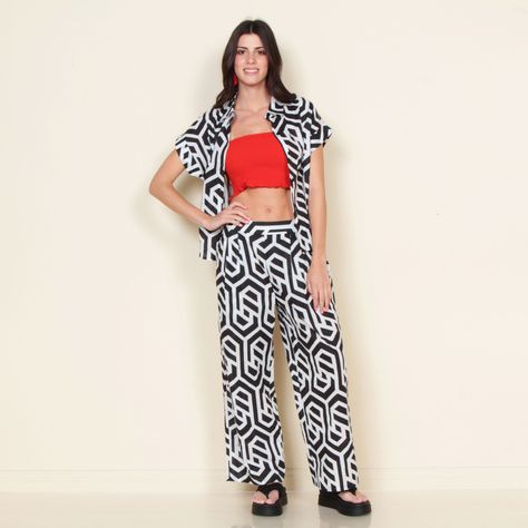Pantalon Tiro Alto Estampado Con Cintura Elasticada-0