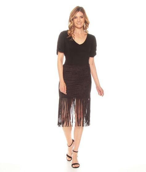 Falda Solido Suede Con Flecos Cierre Invisible-4