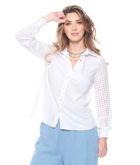Blusa Manga Larga Solida Abotonada Con Detalle En Mangas-0
