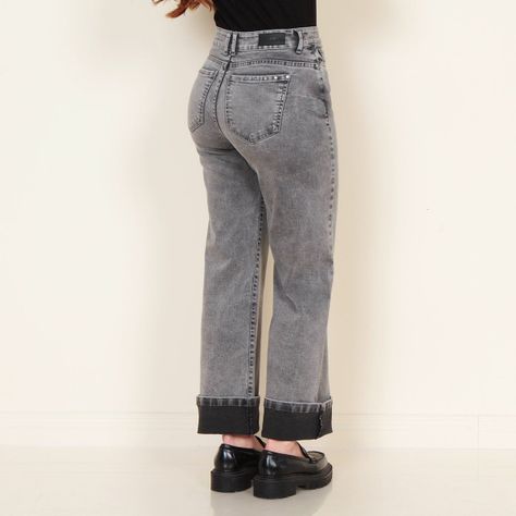 Jeans Recto Tiro Alto Pretina 1 Boton Aplicacion Tachas Basta Roll Up-1
