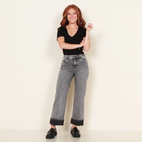 Jeans Recto Tiro Alto Pretina 1 Boton Aplicacion Tachas Basta Roll Up-3