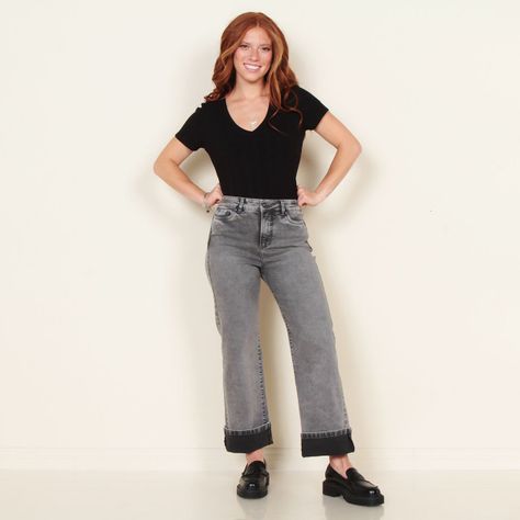 Jeans Recto Tiro Alto Pretina 1 Boton Aplicacion Tachas Basta Roll Up-4