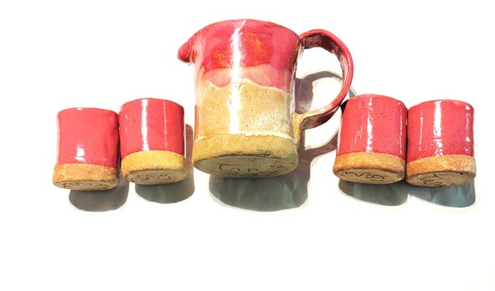 Juego de jarra con 4 vasos en cerámica gres hecho a mano diseño exclusivo-0