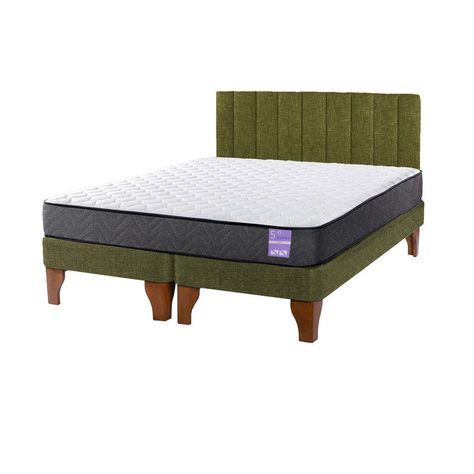 Cama Europea 2 Plazas + Respaldo Tubular Madera Verde-1