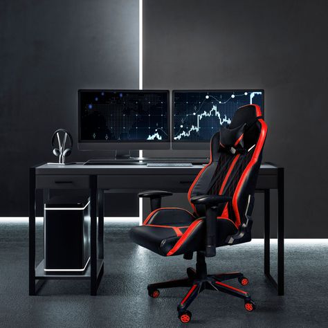Sillón Oficina Ergonómico Cuero Sintético Armo Negro-Rojo-4