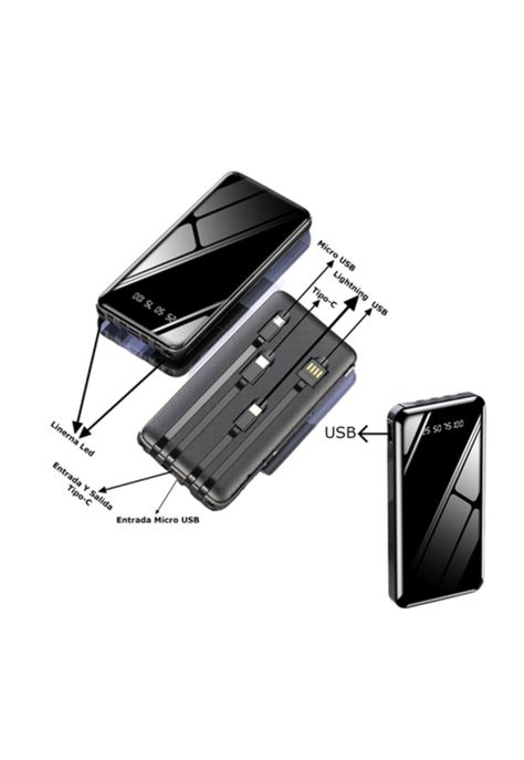 Batería portátil 20000mAh compatible con iPhone, micro, tipo C negro-2