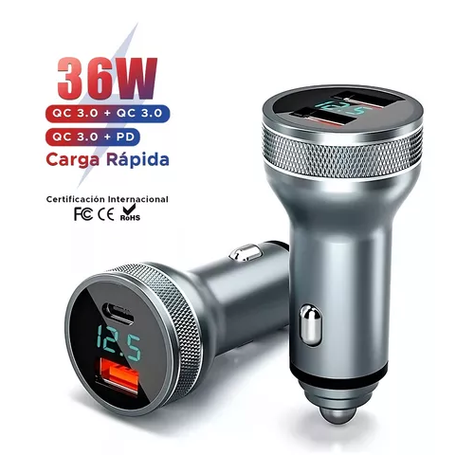 Cargador auto USB-C carga rápida 36W gris-2