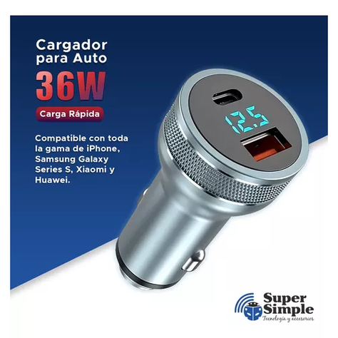 Cargador auto USB-C carga rápida 36W gris-3