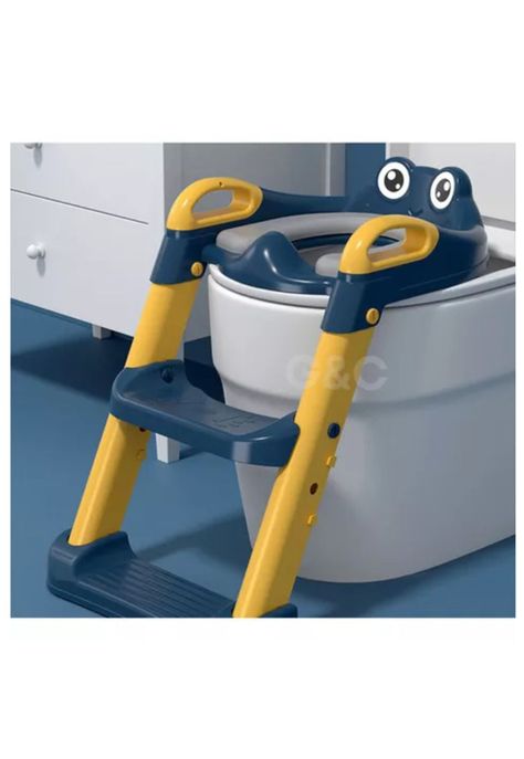 Asiento entrenador de baño con escalera y agarradera para niños, color azul/amarillo-0