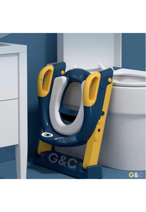 Asiento entrenador de baño con escalera y agarradera para niños, color azul/amarillo-1