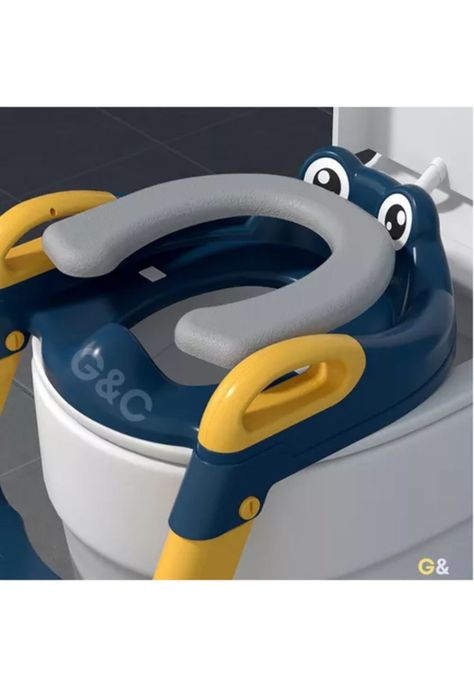 Asiento entrenador de baño con escalera y agarradera para niños, color azul/amarillo-2