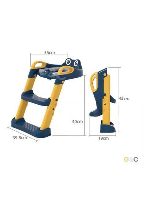 Asiento entrenador de baño con escalera y agarradera para niños, color azul/amarillo-3