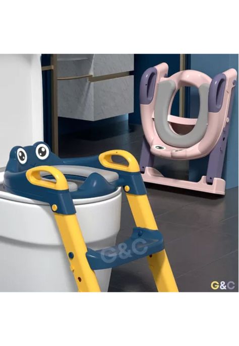 Asiento entrenador de baño con escalera y agarradera para niños, color azul/amarillo-5