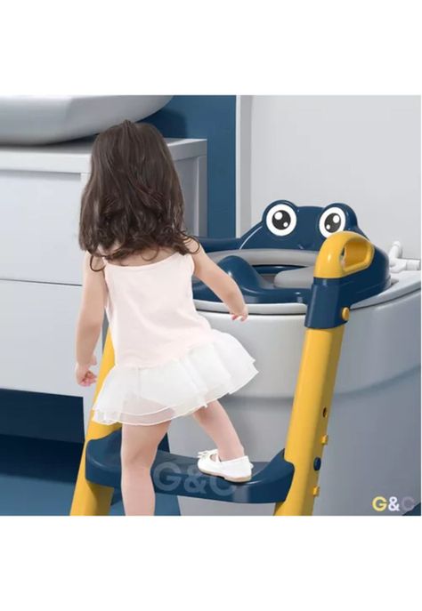 Asiento entrenador de baño con escalera y agarradera para niños, color azul/amarillo-6
