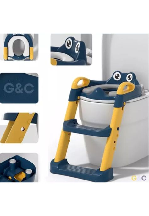 Asiento entrenador de baño con escalera y agarradera para niños, color azul/amarillo-7