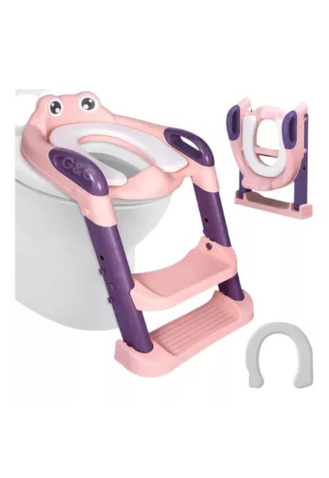 Asiento entrenador de baño con escalera y agarradera para niños, color morado-0