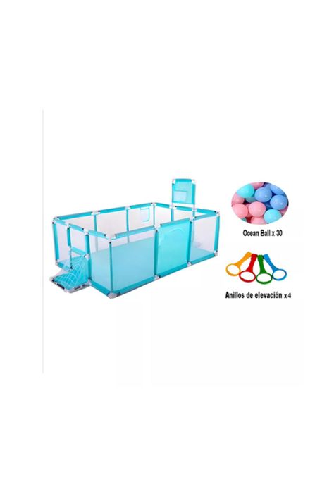 Corral de seguridad para bebés con aro de basket fútbol + pelotas, celeste-1