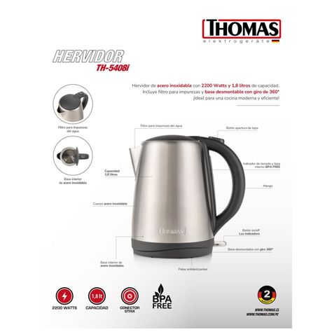 Hervidor Electrico 1800ml 2200W Acero Inoxidable TH-5408i-5