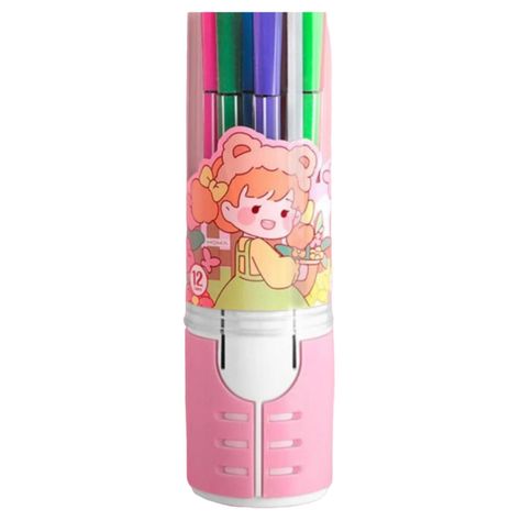 Pack 12 Lapices Boligrafos De Colores Rosado Muñeca Kawaii-0